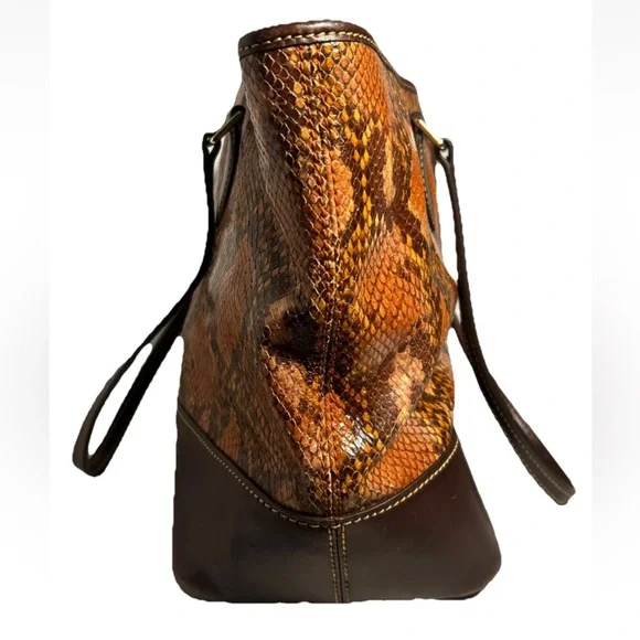 Dooney & Bourke Leather & Python Snakeskin Style Brown & Orange Shoulder Bag - Picture 7 of 16